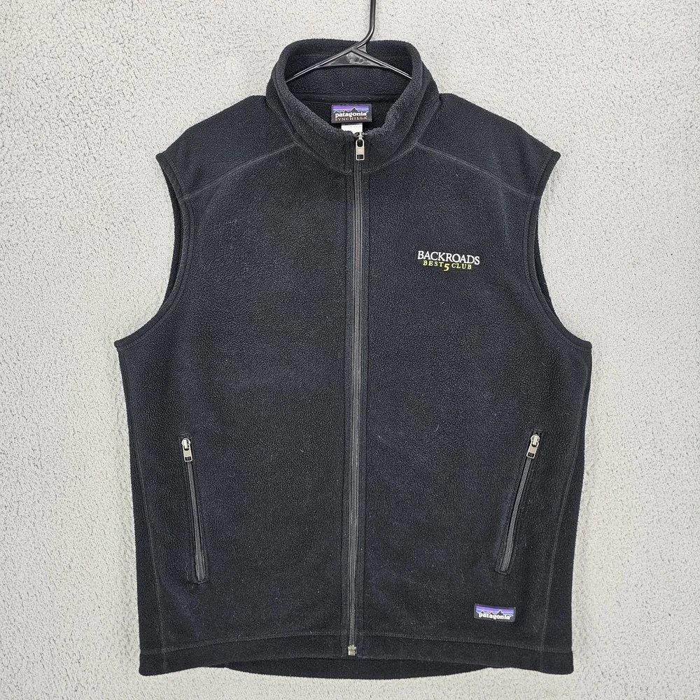 Patagonia Synchilla Vest Mens Large Black Fleece Full Zip Backroads Logo Outdoor